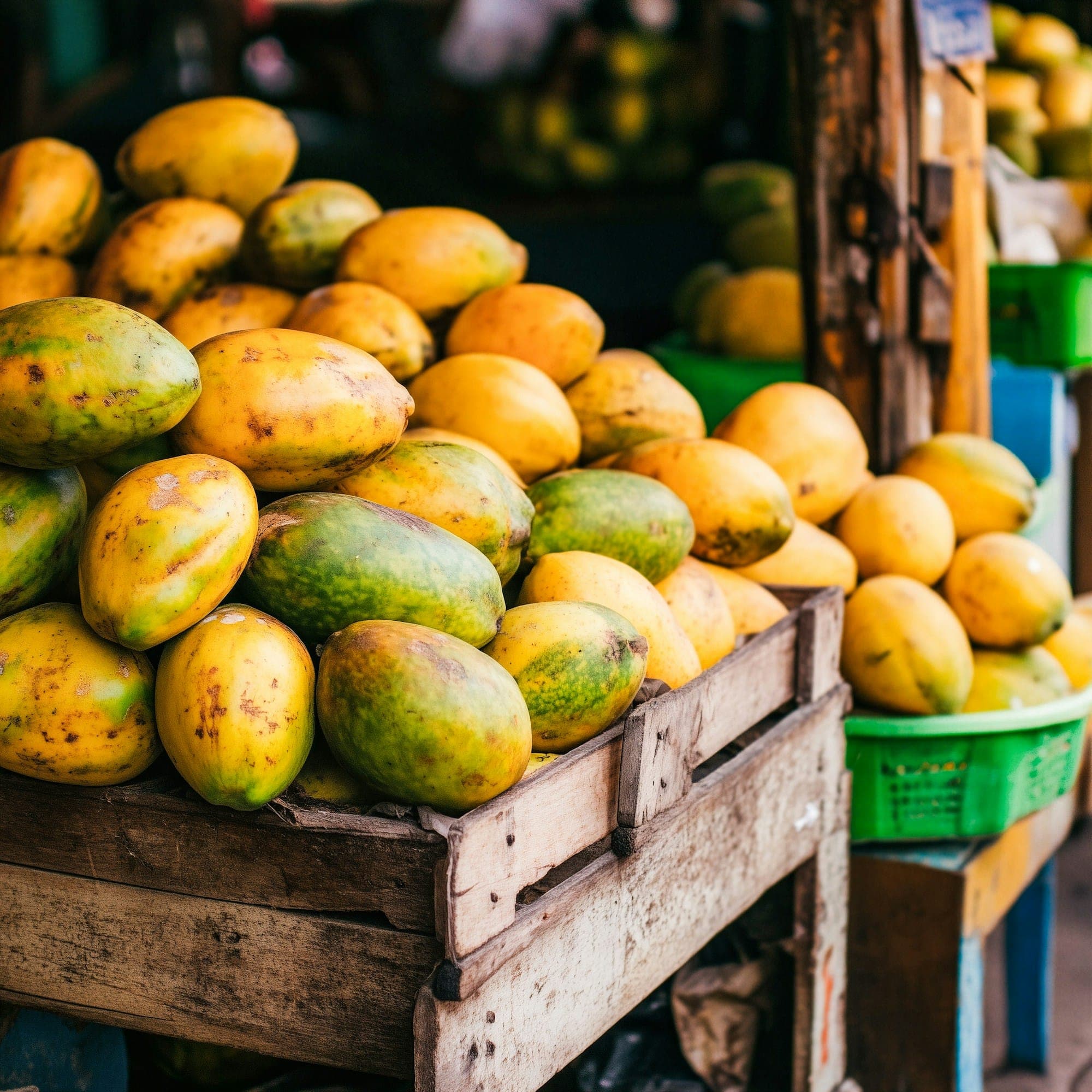 Mangoes and papayas piled into wooden wholesale crates
